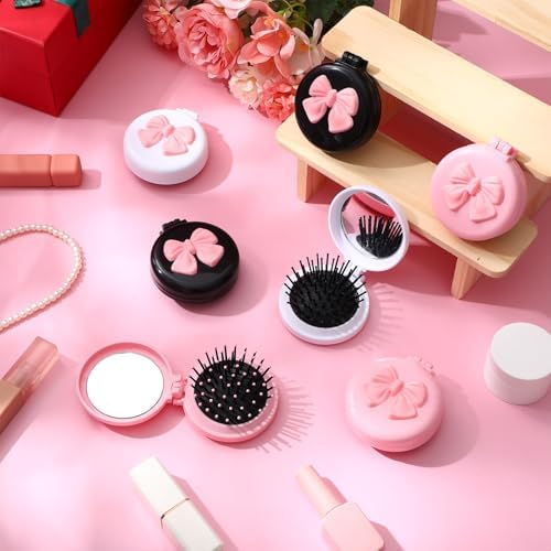 12 Pcs Multicolored Coquette Bow Mini Hair Brushes Folding Mirror Coquette Detangler Brush Bulk Round Compact Massage Scalp Comb for Purse Women Travel Team Gifts Trendy Stuff Party Favors - Image 6
