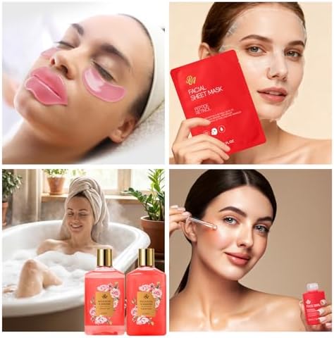 25 Pcs Mother's Day Gift, Red Rose Bath & Body Gift Basket Set for Women, Hydrating Skin Care Set, Home Spa Self Care Gifts, Cosmetic Bag, Necklace, Christmas, Birthday, Anniversary - Image 5