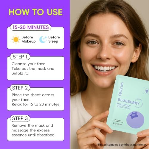 QUIYUM 14 Pack Blueberry Sheet Mask - Hydrating Facial Masks, Glow, Smoothe - Image 7