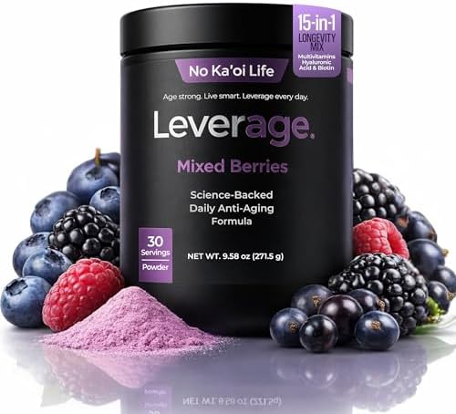 Leverage Mixed Berries Anti–Aging Supplement & Longevity Mix - Daily Wellness Multivitamin Powder with Hyaluronic Acid, L-Glycine & Magnesium for Skin, Energy, Cognitive Function & Joint–30 Servings by Leverage