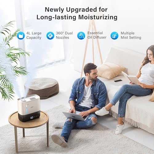 JRD Humidifiers for Bedroom, Ultrasonic Humidifier 4L for Large Room, Cool Mist Top-Fill, 40H Run, 12H Timer, 360° Nozzle, Aroma Diffuser, 7-Color Night Light for Home, Office, Baby-White - Image 5
