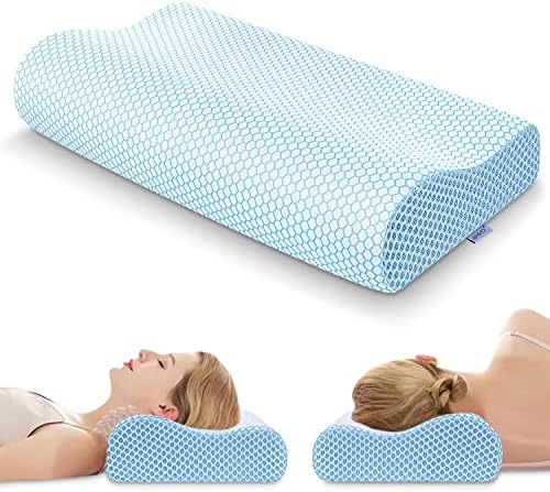 Anvo Memory Foam Pillow, Neck Contour Cervical Orthopedic Bed Pillow for Sleeping Side Back Stomach Sleeper, Ergonomic Design for Neck and Shoulder Pain Relief, Cyan, Firm by AnvoHome