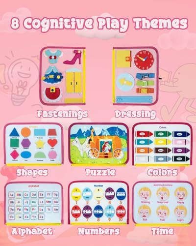 Montessori Busy Board, 8-Page Sensory Activity Toy, Pink - Image 5