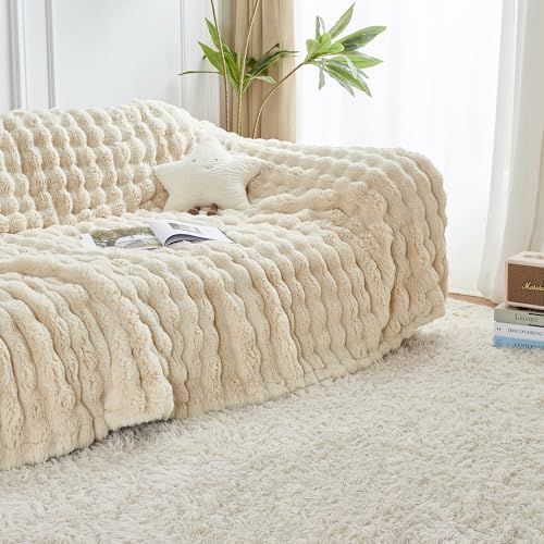 60x80 Inches Ultra-Soft Fuzzy Faux Fur Plush Twin Size Blanket - Thick, Warm Sherpa for Couch, Sofa, Bedroom, Camping - Decorative Blanket for Cozy Warmth, Bubble Khaki - Image 4