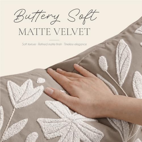 BlissBlush Decorative Lumbar Pillow Cover 12x20, Light Taupe Accent Velvet Throw Pillowcase for Couch Sofa Living Room, Floral Tufted Rectangular Cushion, Cover Only - Image 4