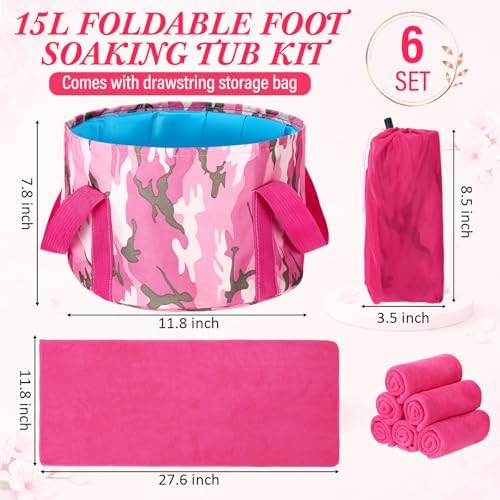 FillTouch 12 Pcs 15L Foldable Foot Soaking Tub Kit Portable Foot Bath Tub for Soaking Feet with Towel and Storage Bag Soak Spa Bucket for Travel Camping(Camouflage,Pink) - Image 2