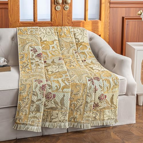 Loom and Mill Damask Patchwork Throw Blankets for Bed, Beige Yellow,52"x72" - Image 2