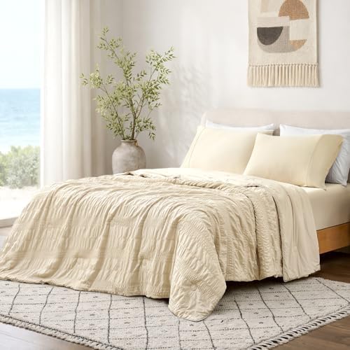 Cozy Bliss Striped Seersucker Cooling Comforter Queen Size, Lightweight Airflow Silky Cooling Bedding with Q-Max>0.45 for Bedroom, Home Decor, Hot Sleepers & Night Sweats, Khaki 90"x90" by CozyBliss