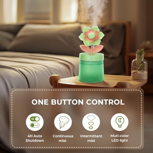 Flower Mini Humidifier, Cute Small Humidifiers, USB Portable Personal Cool Mist Desktop Humidifiers, Cooling for Home Office Car Summer Travel (260ml, Green Gardenia) - Image 6