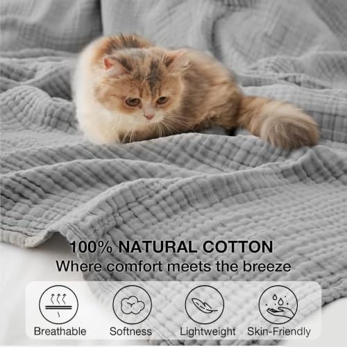 100% Cotton Muslin Blanket Twin 66" x 90", Breathable and Lightweight Cotton Twin Blankets for Couch, Soft Cooling Summer Gauze Blanket for Adults All Season, Light Grey - Image 5