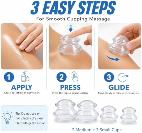 ELERA Silicone Cupping Set for Face & Body, 4 Pcs Facial Cupping Therapy Kit, Lymphatic Drainage Tool & Fascia Massage Cups for Neck, Shoulder & Muscle Pain Relief (2 Medium, 2 Small) - Image 5