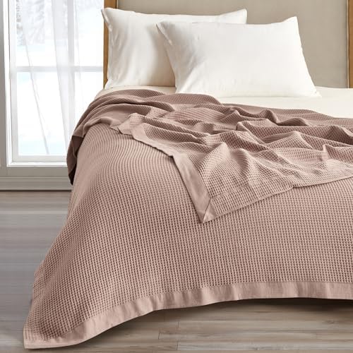 Great Bay Home 100% Cotton Blanket for Twin Size Bed | Lightweight and Breathable Waffle Weave Blankets for Summer & Spring | Versatile, Layering Pink Bed Blanket, Redwood, 90x66 inches by GreatBayHome