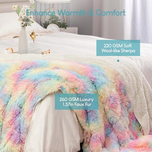 Cottonblue Faux Fur Weighted Blanket 15 lbs for Adult 48x72 Inches, Plush Shaggy Fluffy Throw Blanket Twin ​Size, Cozy Warm Furry Weighted Blanket for Couch Sofa Chair Home Decor, Rainbow - Image 3