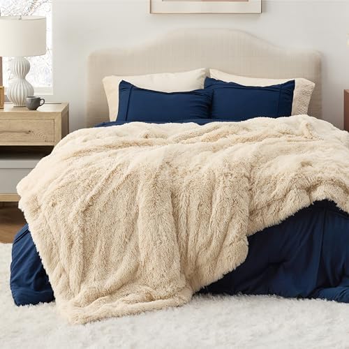 Bedsure Faux Fur Fluffy Sherpa Fleece King Bed Blanket Beige 108"x90" by Unknown