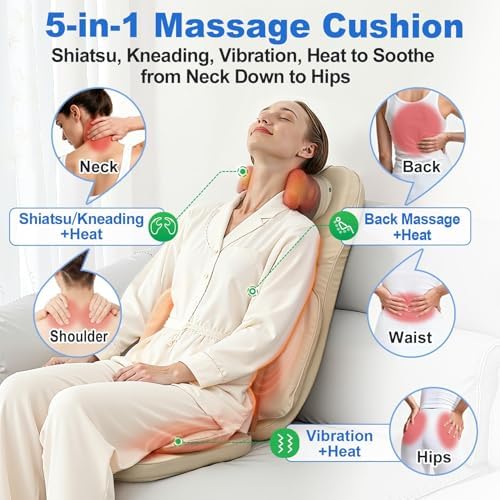 Massage Chair Pad with Dual Neck Modules and Heat, Cream - Image 2