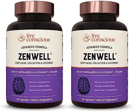 Live Conscious KSM-66 Ashwagandha Supplement w/L Theanine & AlphaWave - ZenWell Everyday Stress Relief, Cognitive, Brain Health - Ashwagandha for Men & Women - 60 Capsules (2-Pack) by LiveConscious