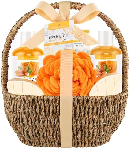 Bath Spa Gift Basket, Honey Almond 8pcs Bath & Body Gift Set for Women by Ariosemonde