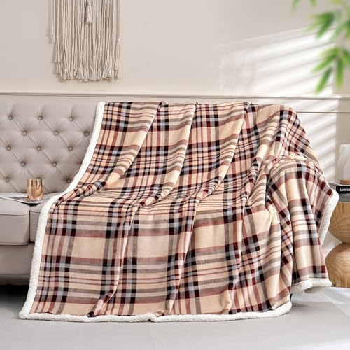 Gracelife Sherpa Blanket Throw Blanket for Couch Sherpa Fleece Blanket Fluffy Checkered Soft Blanket for All Season Use Cozy Thick Warm Big Throws (Beige-Plaid, 80"*90") - Image 2