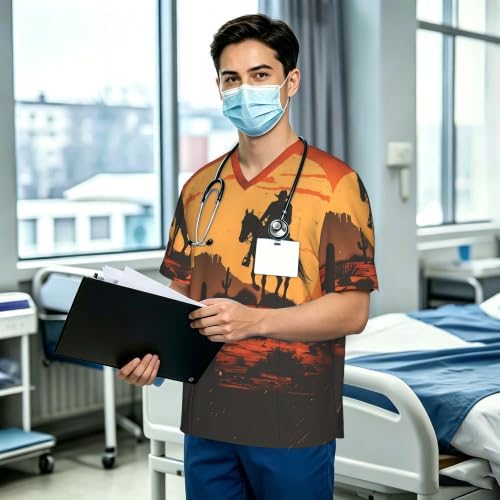 Men's Scrub Top,V-Neck Spill Wrinkle Resistant,3 Pockets-Western Cowboy Theme (3) - Image 3