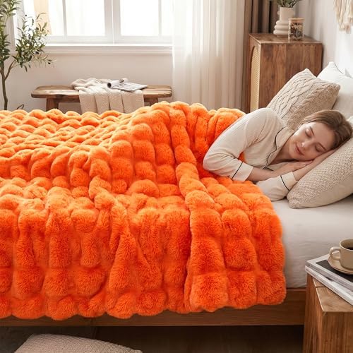DREAMNINE Soft Faux Bubble Rabbit Fur Blanket Queen Size, Thick Cozy Decorative Warm Fuzzy Fur Blanket for Bed Couch Sofa Chair Bedroom Living Room Dorm Gift, 80 * 90 Inches, Orange by DREAMNINE