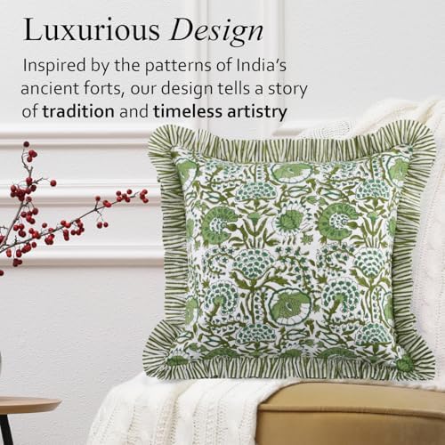 CPC Block Print Ruffle Throw Cover Agate Green 20"x20" Inch Pack of 2-100% Cotton Ruffle Couch Decorative Boho Pillows Case for Living Room, Bedroom, Sofa, Farmhouse Gift for Spring, Mother's Day - Image 4