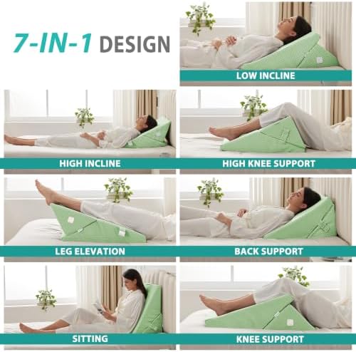 Bedluxe Wedge Pillow for Sleeping, Adjustable 9&12 Inch Foldable Bed Wedge Pillow Set, Orthopedic Memory Foam Triangle Pillows Wedge, 7-in-1 Elevated Pillows for Leg and Back Support, Green - Image 2