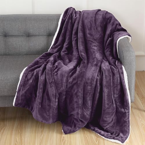 Elegant Comfort Luxury Ultra-Plush Velvet Touch Fleece Throw Soft, Warm, Cozy| Micromink Sherpa-Backing Reversible Blanket for Bed, Sofa and Couch, Solid Purple - Image 2
