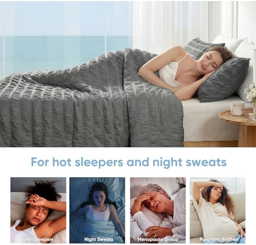 Cozy Bliss Vertical Striped Seersucker Cooling Comforter Queen Size, Lightweight Airflow Silky Cooling Bedding with Q-Max>0.45 for Bedroom, Home Decor, Hot Sleepers & Night Sweats, Grey 90"x90" - Image 4