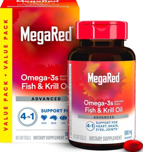 MegaRed Omega 3 Fish Oil & Antarctic Krill Oil Softgels for Brain, Heart, Joints & Eye Support, (80 Count Bottle), Concentrated Omega 3 Fatty Acid Supplement with EPA, DHA, Phospholipids by MegaRed