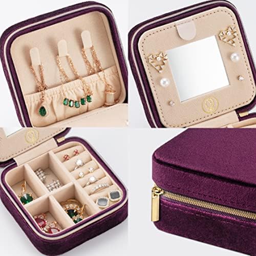 ZPROW Plush Velvet Travel Jewelry Case, Travel Jewelry Organizer, Jewelry Travel Case, Travel Jewelry Box, Small Jewelry Case for Women,Jewelry Travel Box, Earring Organizer with Mirror - Purple - Image 3