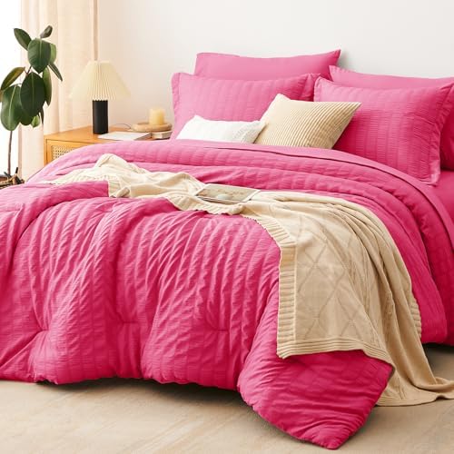 CozyLux Queen Comforter Set, 7 Pieces Hot Pink Seersucker Bed in a Bag by CozyLux