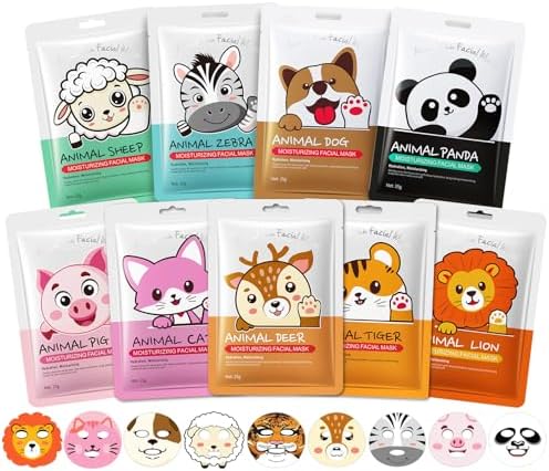 9 Packs Animal Character Facial Masks, Deep Hydrating Spa Masks for All Skin Types, Gift for Kids' Birthday Party, Enjoy Skincare Life, Girl's Night by Beenefits