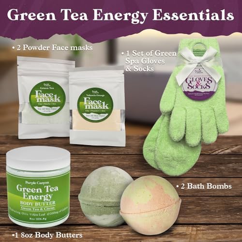 Purple Canyon Green Tea Spa Gift Set – 6-Piece Self Care Box with Bath Bombs, Face Masks, Body Butter & Spa Socks – Energizing Skincare Kit with Caffeine & Citrus for Women - Image 2