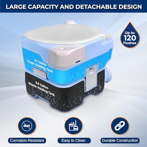 SereneLife 4 Gal Portable Camping Toilet For Adults, 100+ Flushes, Porta Potty Camp Toilet with Phone Holder, Hand Sprayer, Plastic Funnel for Camping, Hiking, and Boating - Image 2