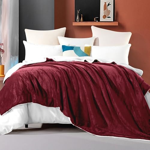 Elegant Comfort Ultra Soft Reversible Flannel Sherpa Blanket - Cozy Silky Fleece Throw for Couch, Bed - Plush Fuzzy Warm Winter Blanket for Gift, Full, Burgundy - Image 2