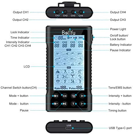 Belifu 4 Independent Channel TENS EMS Unit, 24 Modes,30 Level Intensity Muscle Stimulator Machine, Rechargeable Electric Pulse Massager with 10 Pads&5 Set Leads Wires, for Pain Relief Therapy(Black) - Image 6