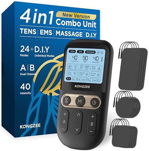 4 in 1 - D.I.Y & Tens Unit & EMS & Massage Muscle Stimulator, Dual Channel TENS Units Therapy Machine for Pain Relief, FDA Cleared Rechargeable Electronic Pulse Massager,with 12pcs Electrode Pads by RelaxyourlifewithKONGZEEproduct