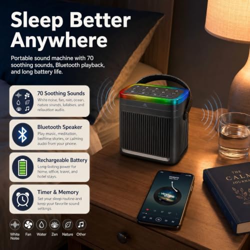 White Noise Sound Machine for Sleep, Portable Noise Sound Machines with 7 Colors Night Lights, 70 Soothing Sounds Bluetooth Speaker Memory Function Brown Noise for Baby Kids Adult & Home Office Travel - Image 2