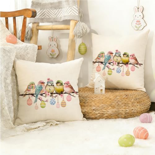 RABUSOFA Easter Pillow Covers 18x18 inch Easter Decorations Pink Birds Colorful Eggs Throw Pillows for Bedroom Sofa Holiday Festivals Home Decor - Image 4