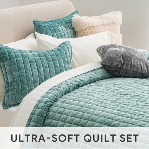 RECYCO Channel Box Stitch Velvet Quilt Set, Full Queen Size, Aqua Green - Image 5