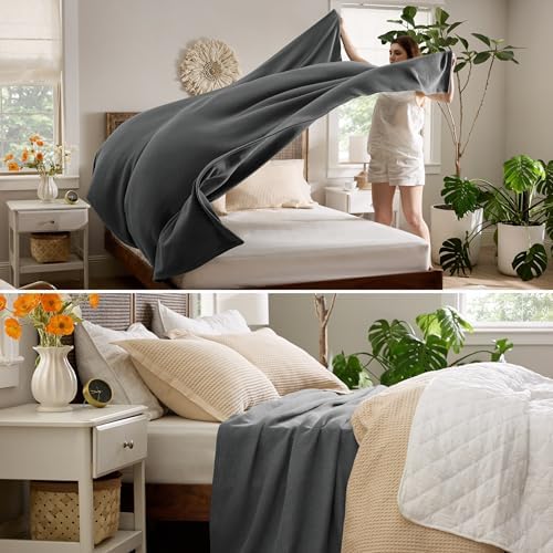 Bedsure 100% Cotton Blanket, Herringbone Weave, Oversized King, Dark Grey - Image 4