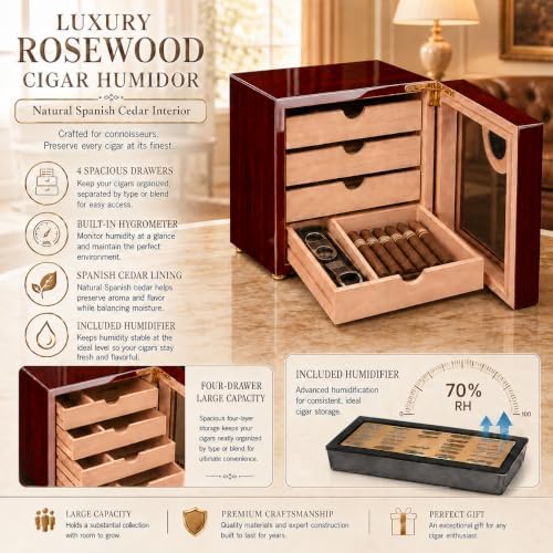 Woodronic Cigar Humidor Cabinet for 50-100 Cigars with Humidifier and Hygrometer, Spanish Cedar Lined Trays and Dividers, Rosewood Finish, Gift for Men - Image 5