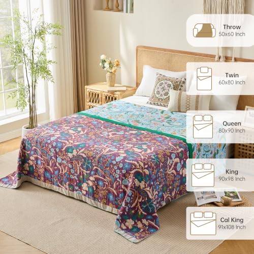 VANJOROY King Boho Throw Blanket, 100% Organic Cotton Breathable Skin-Friendly Ultra Soft 91" x 98" Bed Quilt Blue Throw - Floral Rustic Luxury Reversible Blanket for Sofa Couch Chair and Gift - Image 5