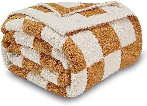 CozeCube Orange White Reversible Checkered Knit Throw Blanket 50"x60" by CozeCube