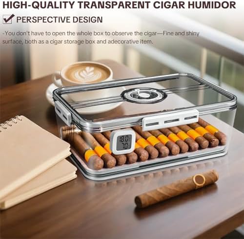 Cigar Humidor, Transparent Humidor Box with Humidifier and Hygrometer, Desktop Cigar Humidor Box with Cedar Wood Chips, Cigar Case, Cigar Gifts for Men (middle hold 55-60 cigars) - Image 2