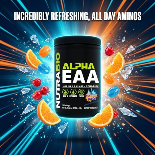 NutraBio Alpha EAA - All-Day Amino Acids for Muscle Growth and Hydration - Essential Amino Acids with Nootropics & Adaptogens- Full Spectrum EAA BCAA Powder - 30 Servings - New York Punch - Image 4
