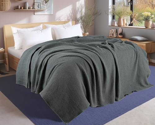 Tex Trend 100% Cotton Waffle Weave Blanket King Size - Soft, Breathable Cooling Blanket for Bed, Lightweight Cozy Summer & Spring Bedding, Grey, 90x108 - Image 3