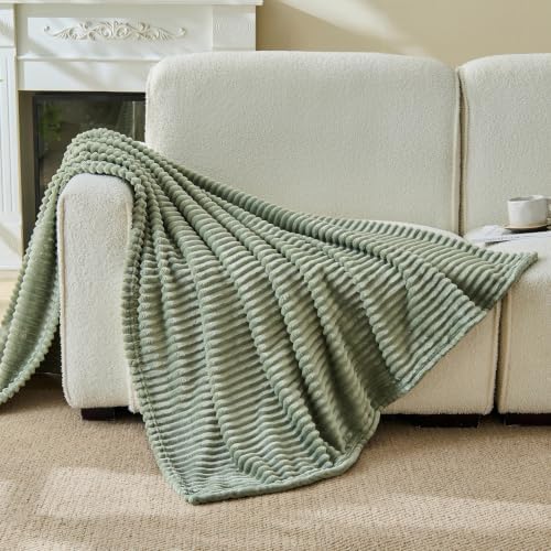 Bnuitland Sage Green Fleece Throw Blanket for Couch, 300GSM Soft Warm Cozy Fluffy Throw for Adults & Kids, Stripe Pattern 60"x80", All Season Sofa Bed Blanket for Home Decor by BNUITLAND
