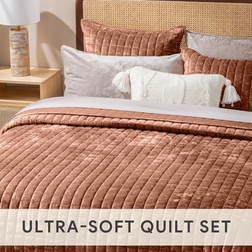 RECYCO Channel Box Stitch Velvet Quilt Set, King Size, Terracotta - Image 4