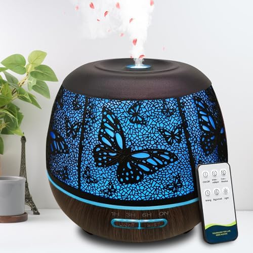 Roonbo Diffusers for Essential Oils Large Room 400ml,Essential Oil Diffuser for Home with R/C,Cool Mist Humidifiers for Bedroom,7 Colors Changed & 3 Mist Mode Waterless Auto Off for Decor Butterfly by Roonbo